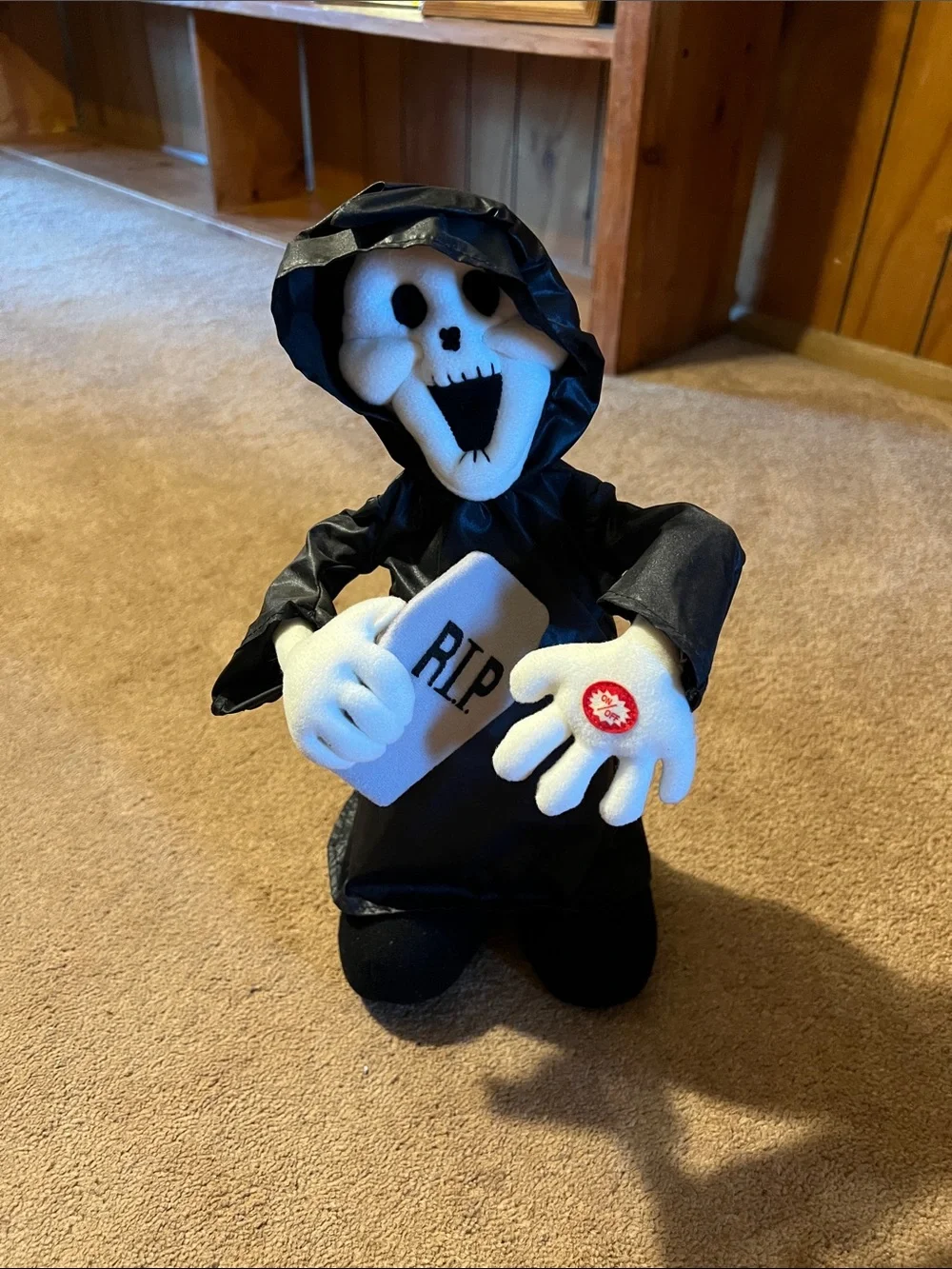 Black Grim Reaper Animated Plush Figure with White Skull